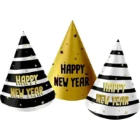 Feesthoedjes - Happy new year - Goud, zwart, wit - 6st.