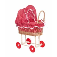 Poppenwagen - Riet - Rood - Witte stippen