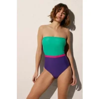 Ysabel Mora Blockstripes strapless badpak in groen en paars