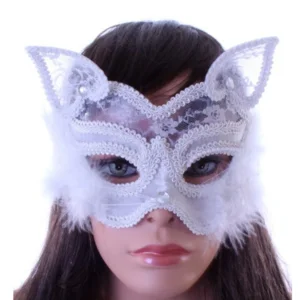 Oogmasker - Poes - Kat - Met kant en marabou - Wit