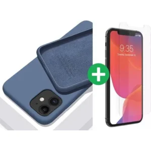 iPhone case/hoesje silicone  + 1x screenprotector glas Blauw iPhone 12